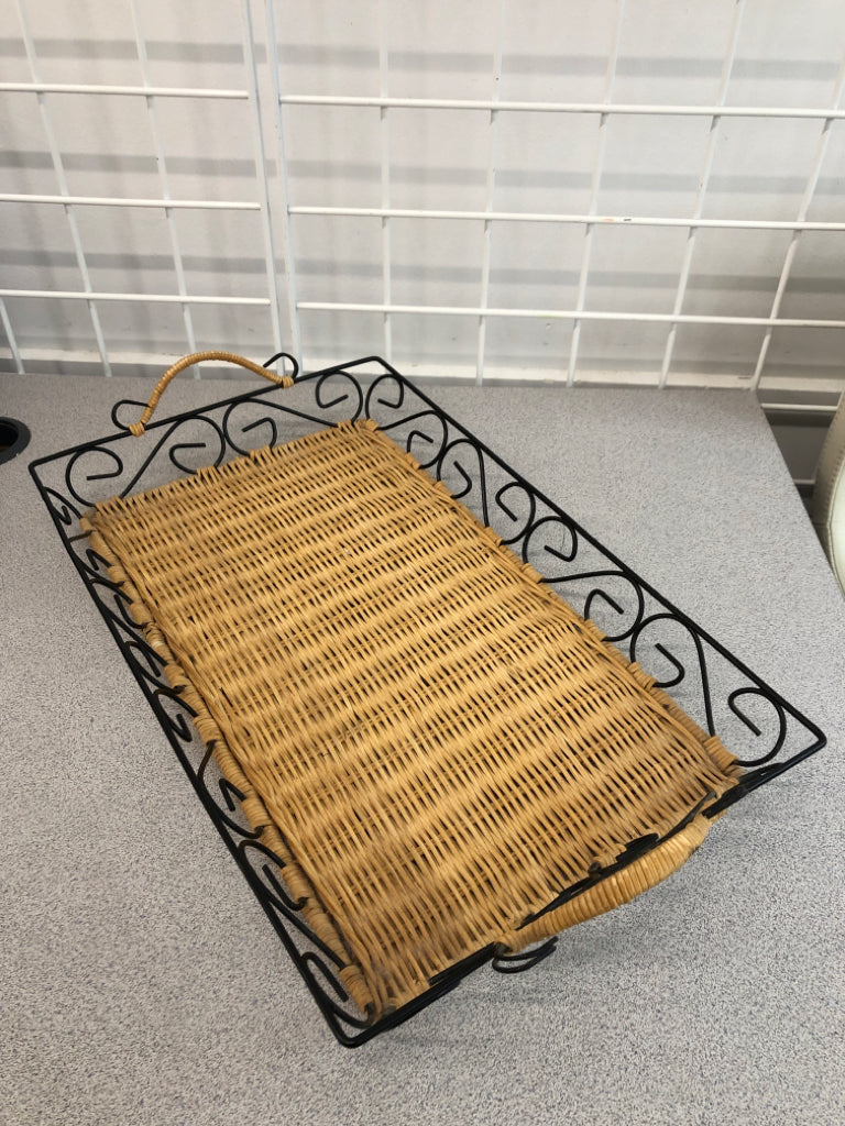 WICKER WOVEN TRAY W/METAL SCROLL SIDES/HANDLES.