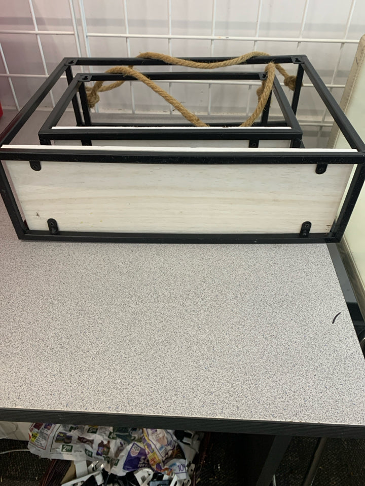2 BLACK METAL WHITE SHELVES WITH ROPE.