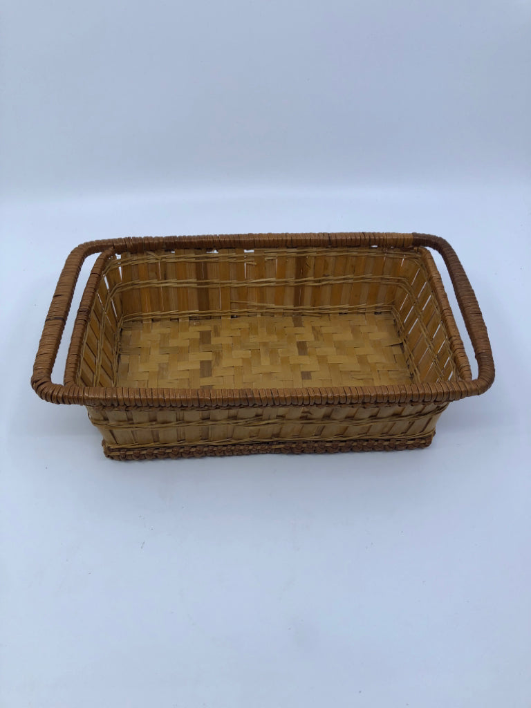 TIGHT WOVEN RECTANGLE BASKET W HANDLES.