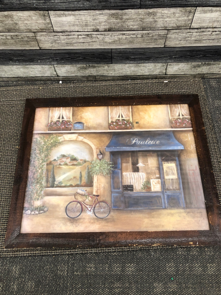 BISTRO BICYCLE PRINT IN RECLAIMED WOOD FRAME.