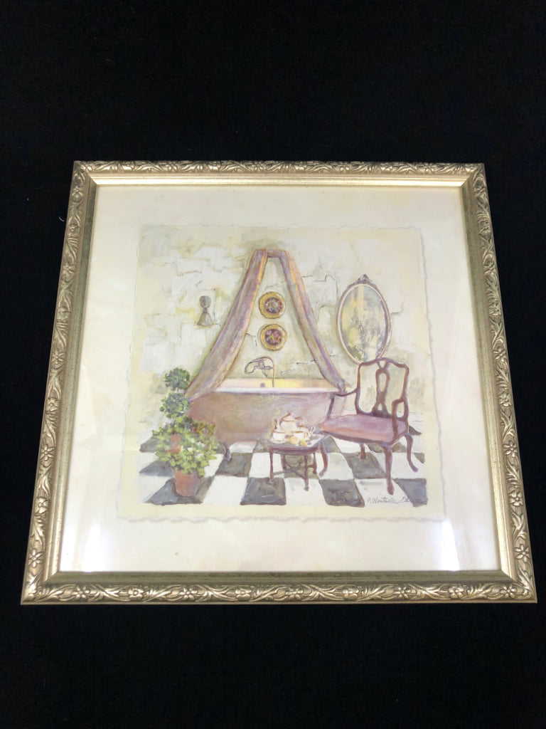 BATHROOM PAINTING IN GOLD FRAME.