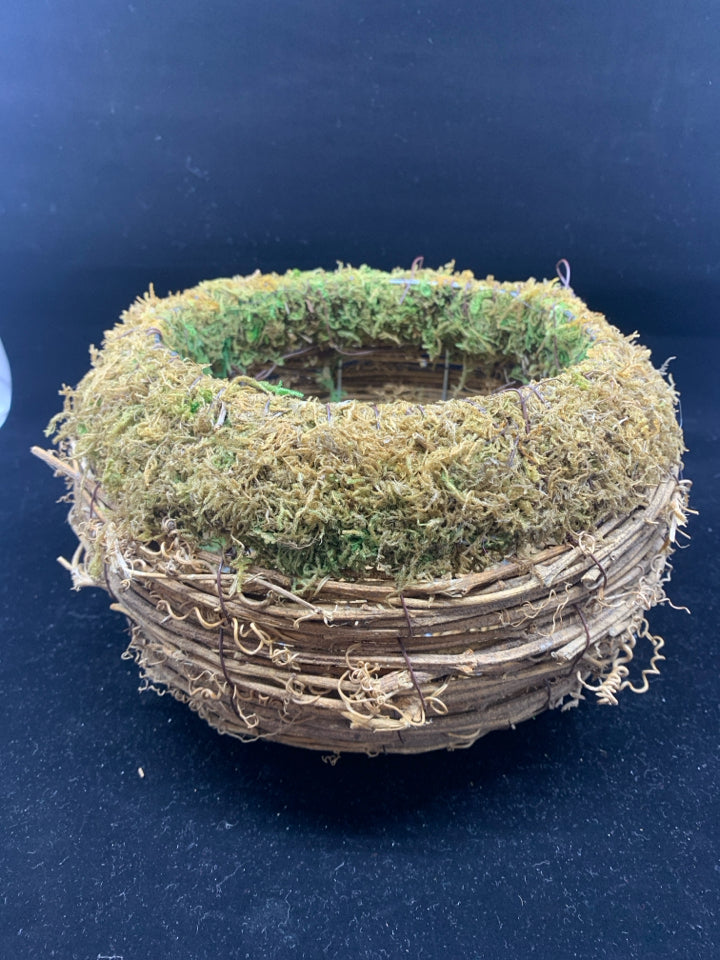 TWIG WOVEN CIRCLE PLANTER W/ MOSS ON RIM.