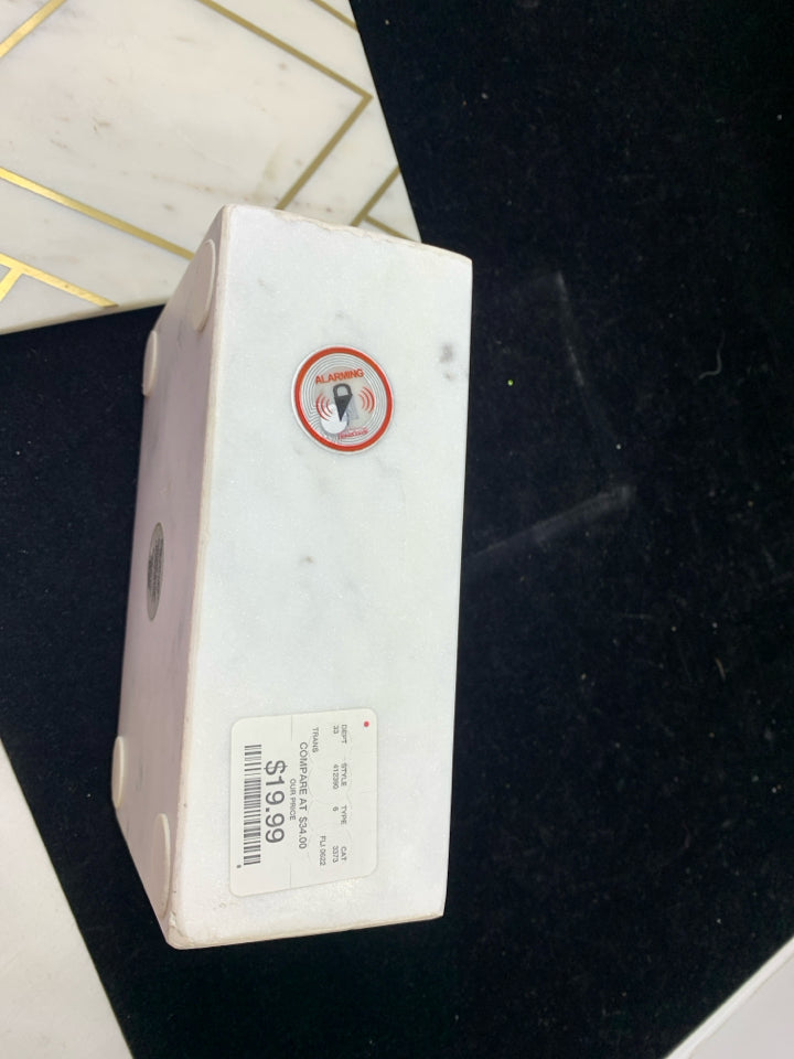 HEAVY WHITE STONE BOX W/LID GOLD ACCENTS.