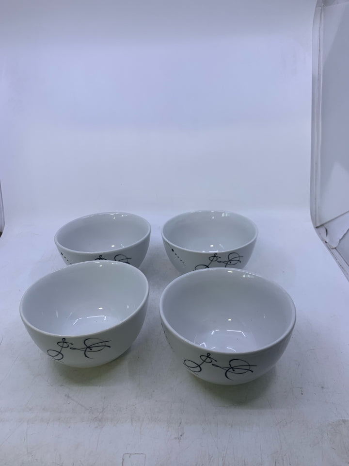 4 WHITE CEREAL BOWLS W/ BLACK DESIGNS.