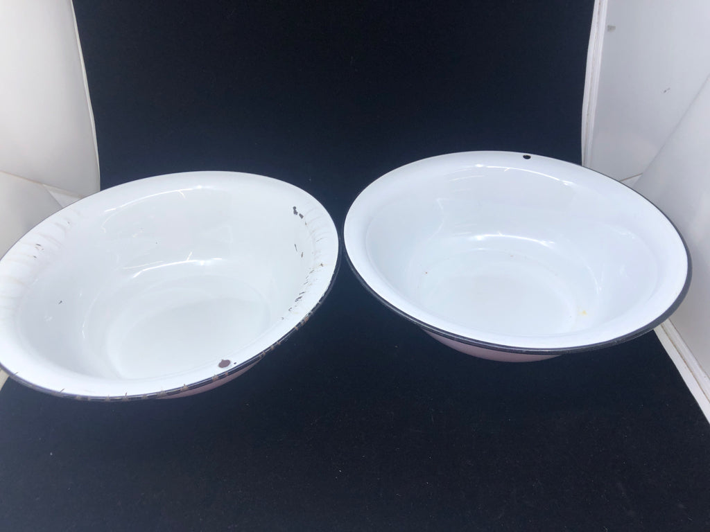 2 WHITE METAL ENAMEL BOWLS.
