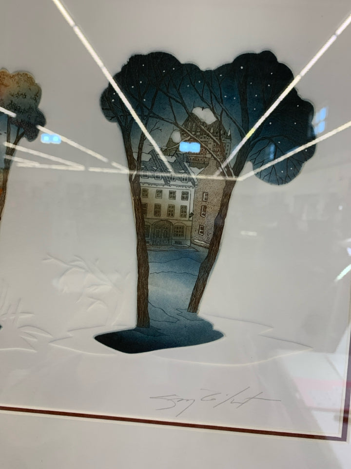 4 SEASONS TREES W/BUILDINGS EMBOSSED PRINT- SIGNED BY ARTIST.