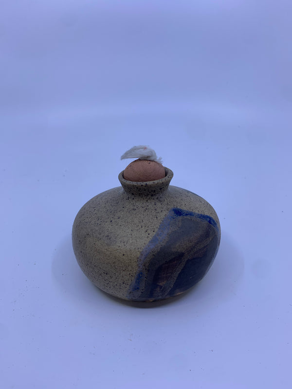 POTTERY OIL LAMP- BALL AND ROPE LID.