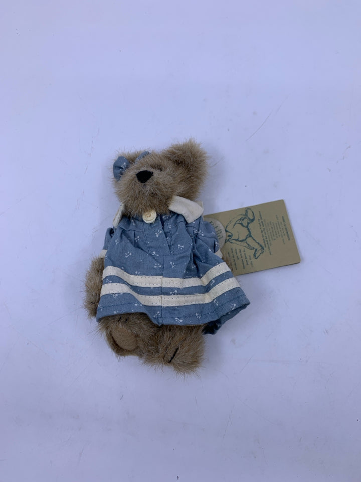 MINI GREY BEAR W/ BLUE DRESS & WHITE STRIPES BOYDS BEAR.
