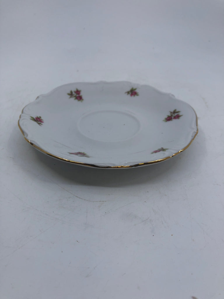 8 PC CUP/SAUCER SET WHITE W/ PINK ROSES GOLD RIM BAVARIA.