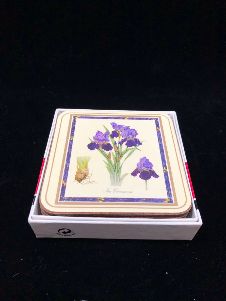 6 IRIS CORK COASTERS IN BOX.