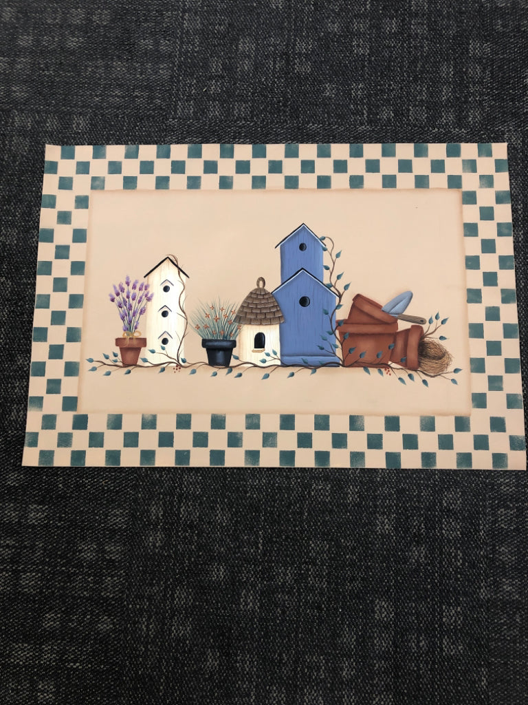 BIRDHOUSES GREEN CHECKER FLOOR MAT.