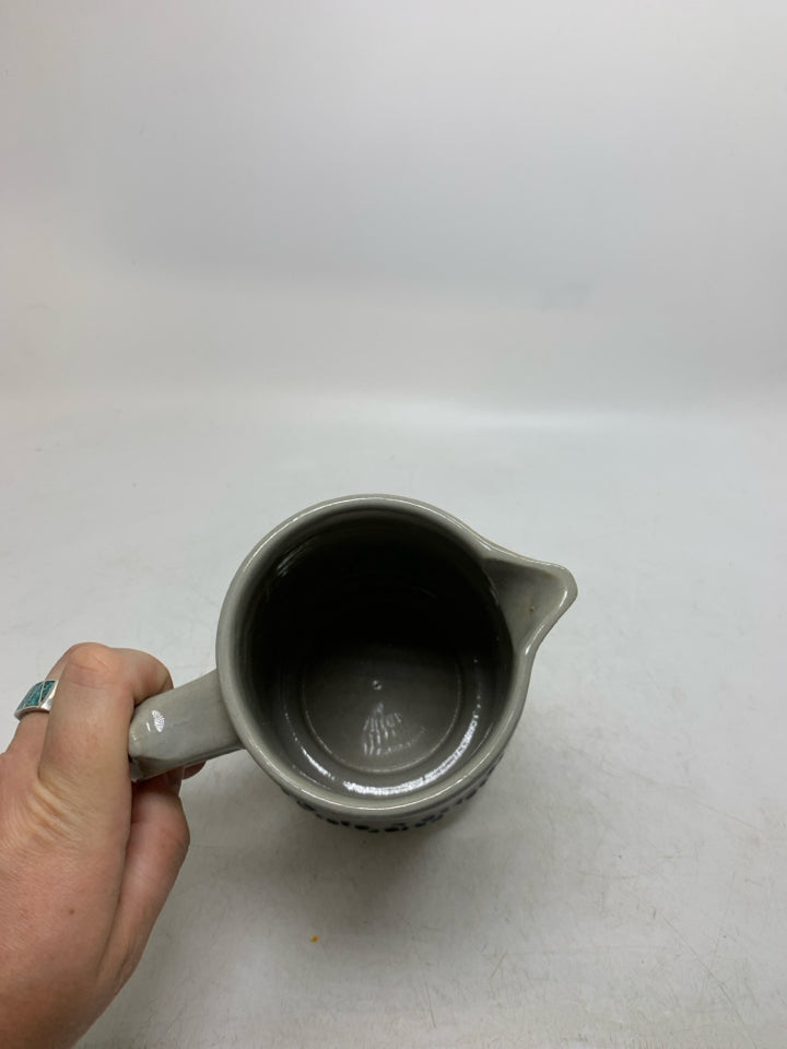 VTG REINHOLD MERKELBACH GERMAN SALT GLAZE PITCHER W/ BLUE DETAILS.