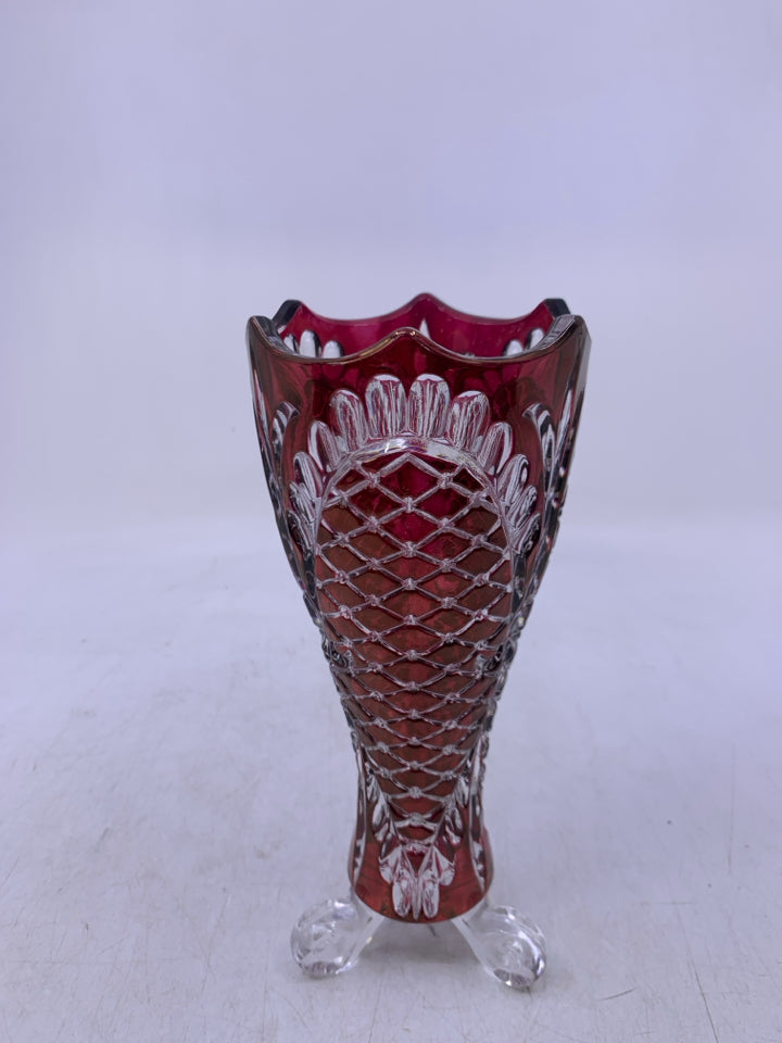 FOOTED RED/CLEAR CUT GLASS VASE.