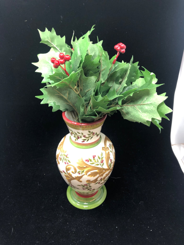 CERAMIC VASE CHRISTMAS BERRY SCROLL W/HOLLY.