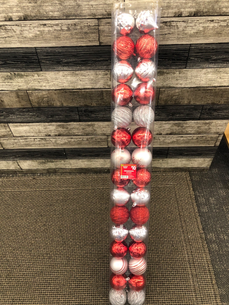 NIP SILVER/RED PLASTIC ORNAMENTS.