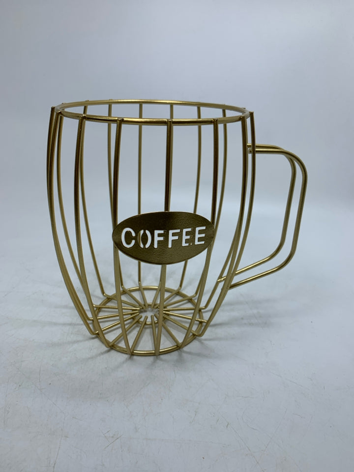 GOLD METAL COFFEE MUG K-CUP STORAGE CONTAINER.