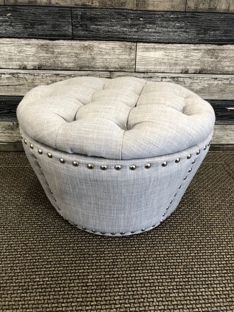 SMALL GREY STUDDED STORAGE OTTOMAN W LID.