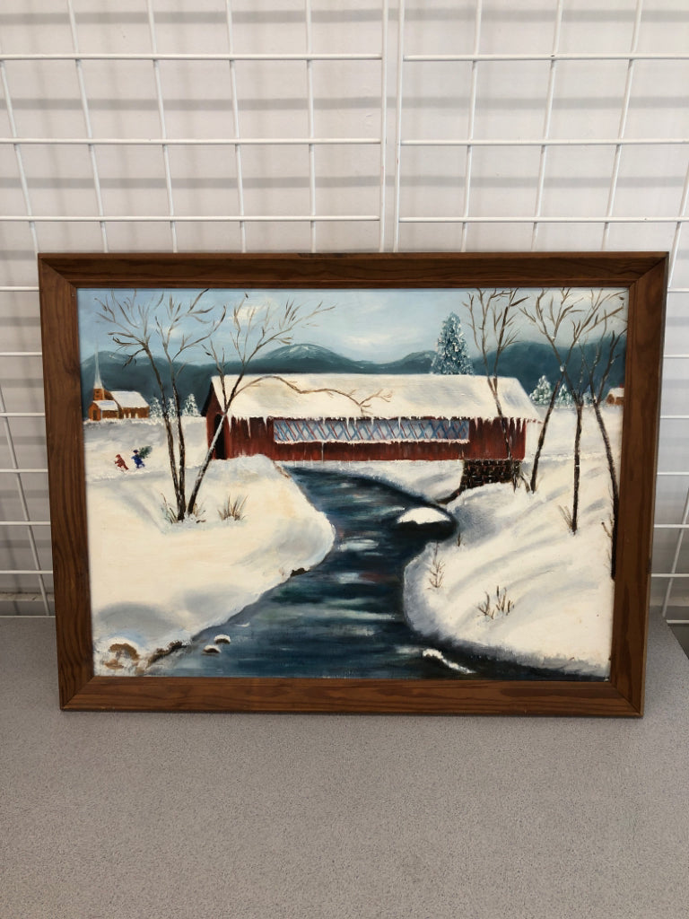 WINTER COVERED BRIDGE LANDSCAPE FRAMED ART.