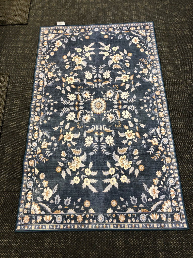 THIN BLUE FLORAL RUG W/YELLOW PETALS.