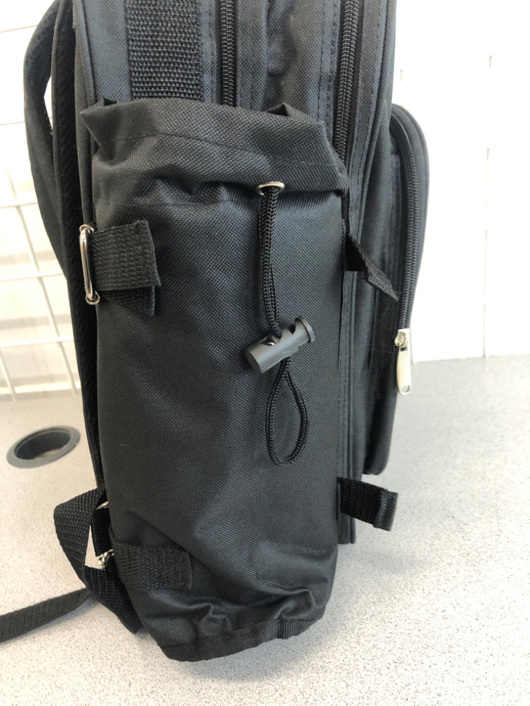 BLACK BACKPACK W/PICNIC UTENSILS, PLATES, CUPS.