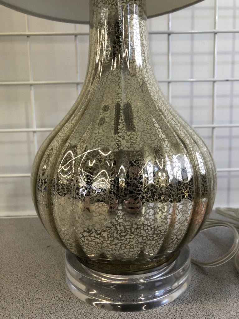 MERCURY GLASS TABLE LAMP W/WHITE SHADE.