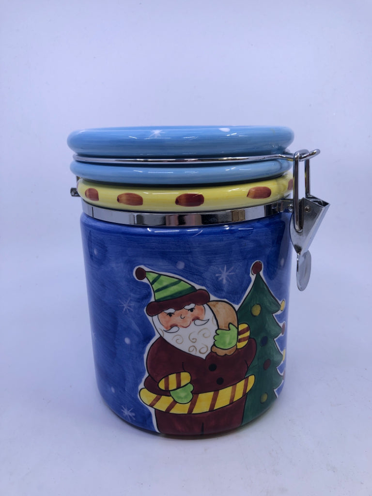 BLUE SANTA CANISTER W CHRISTMAS TREE.