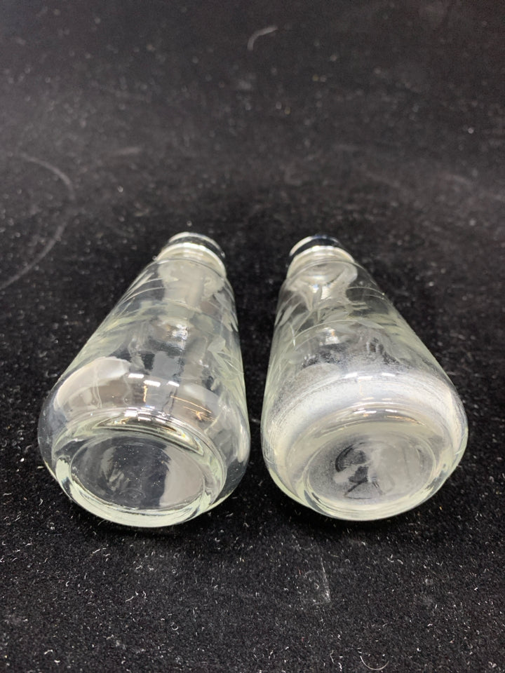 FROSTED FLOWER ETCHED GLASS SALT AND PEPPER SHAKERS.