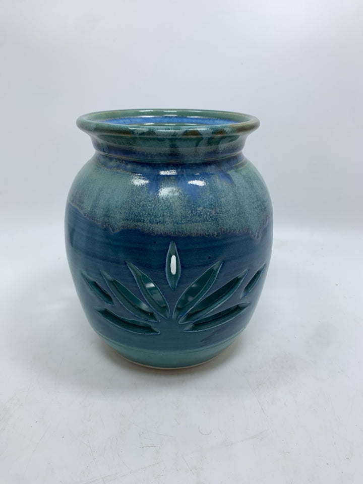 LEAF CUT-OUT BLUE GLAZED CANDLE HOLDER.