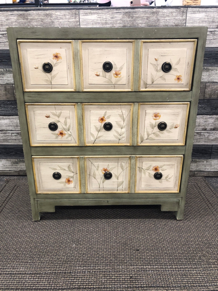 SMALL GREEN DRESSER PAINTED FLORAL 3 DRAWER.