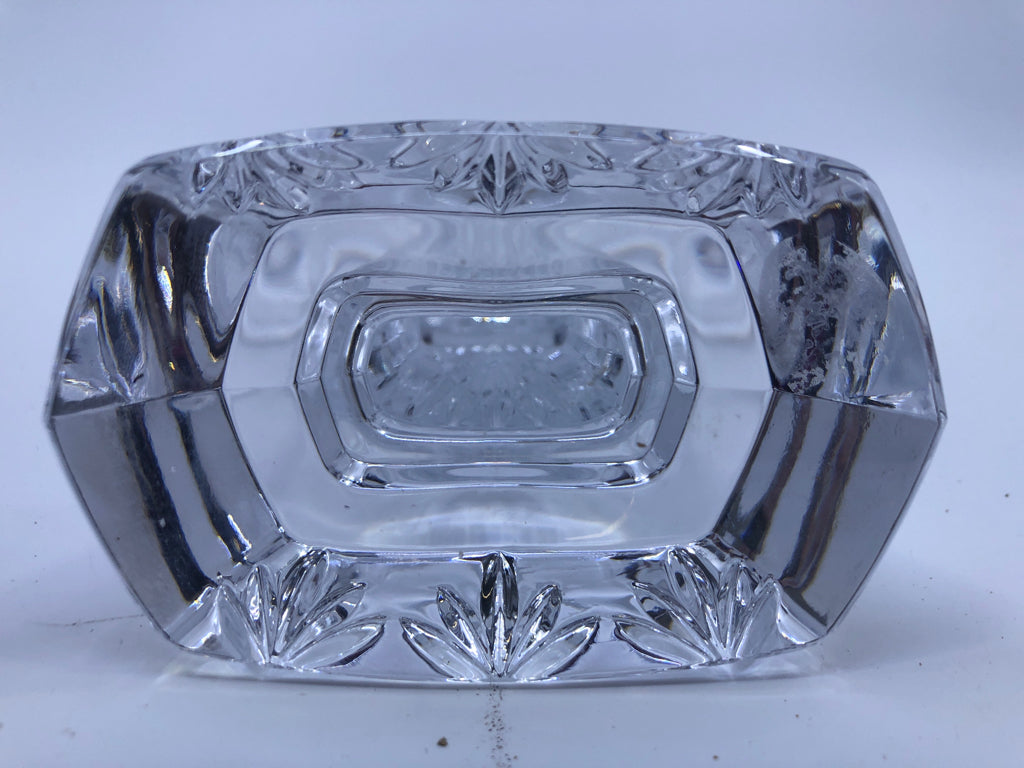 GLASS CROSS ON STAND W/ ETCHED LINES.