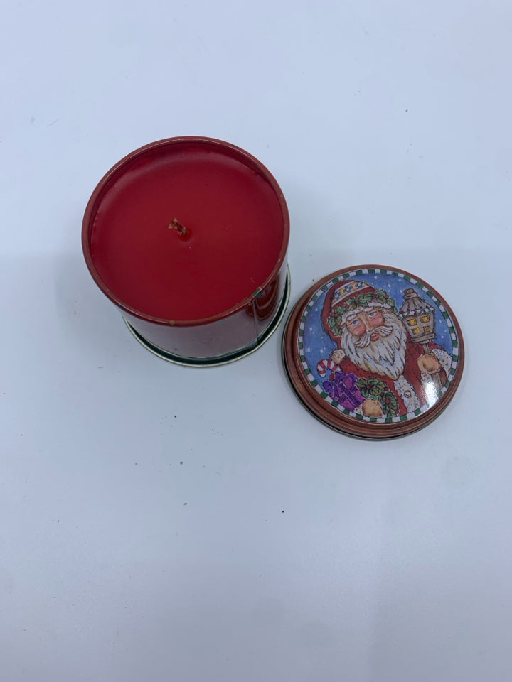 SMALL RED SANTA TIN CANDLE.