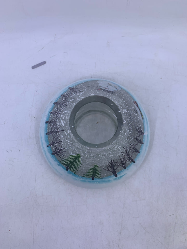 2 PC GLASS CANDLE PLATE/SHADE W/ PAINTED SNOWMEN.