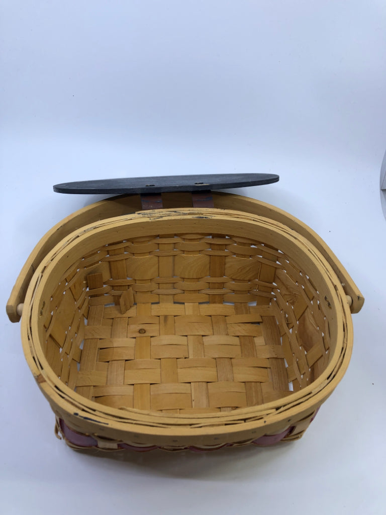 BLONDE BASKET W WHITE POINSETTIA PAINTED LID AND HANDLE.