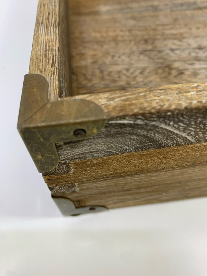 BASKETVILLE RUSTIC WOODEN TRAY W/METAL ACCENTS.