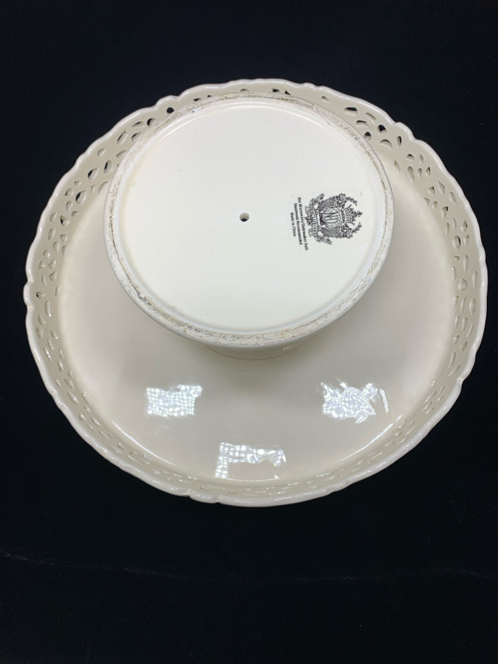 WHITE CERAMIC COVERED CAKE STAND.