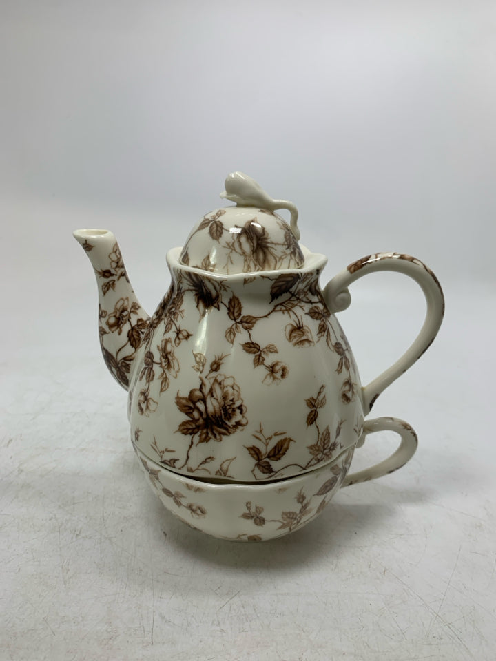 BROWN FLOWERS 2-1 TEACUP/TEAPOT.