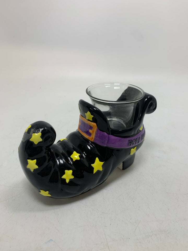 CERAMIC BLACK WITCH BOOT TEA LIGHT HOLDER.