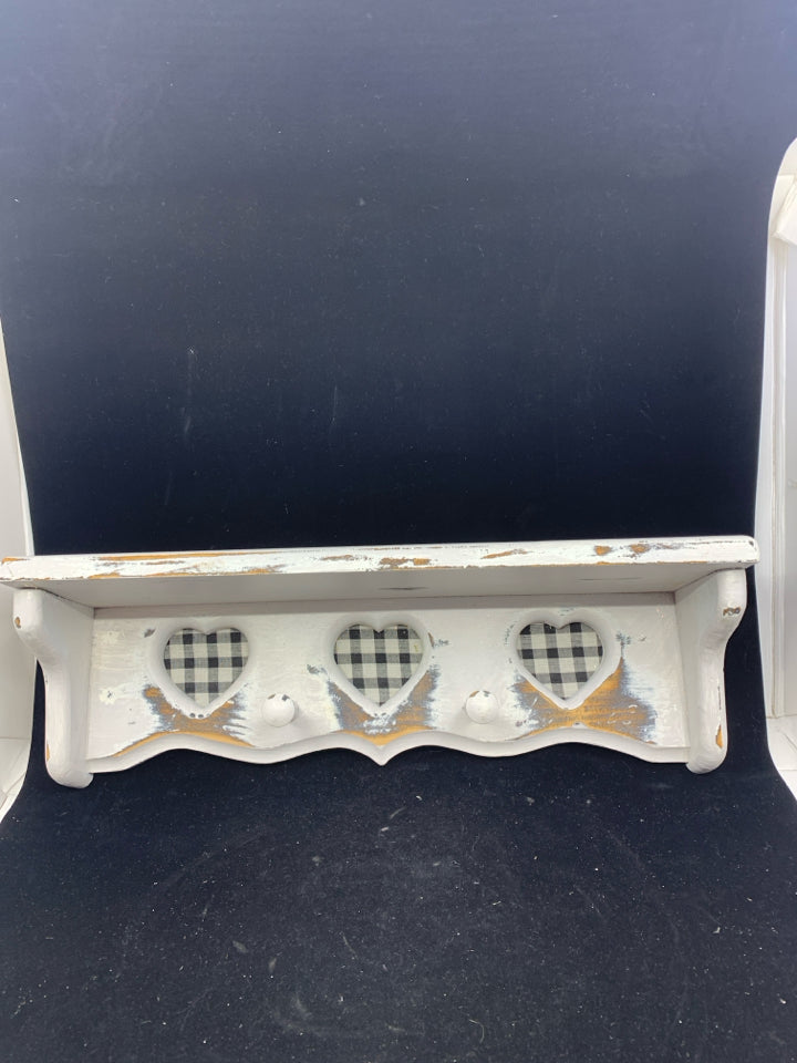 WHITE DISTRESSED WALL SHELF W/ HOOKS HEART CUT OUT.