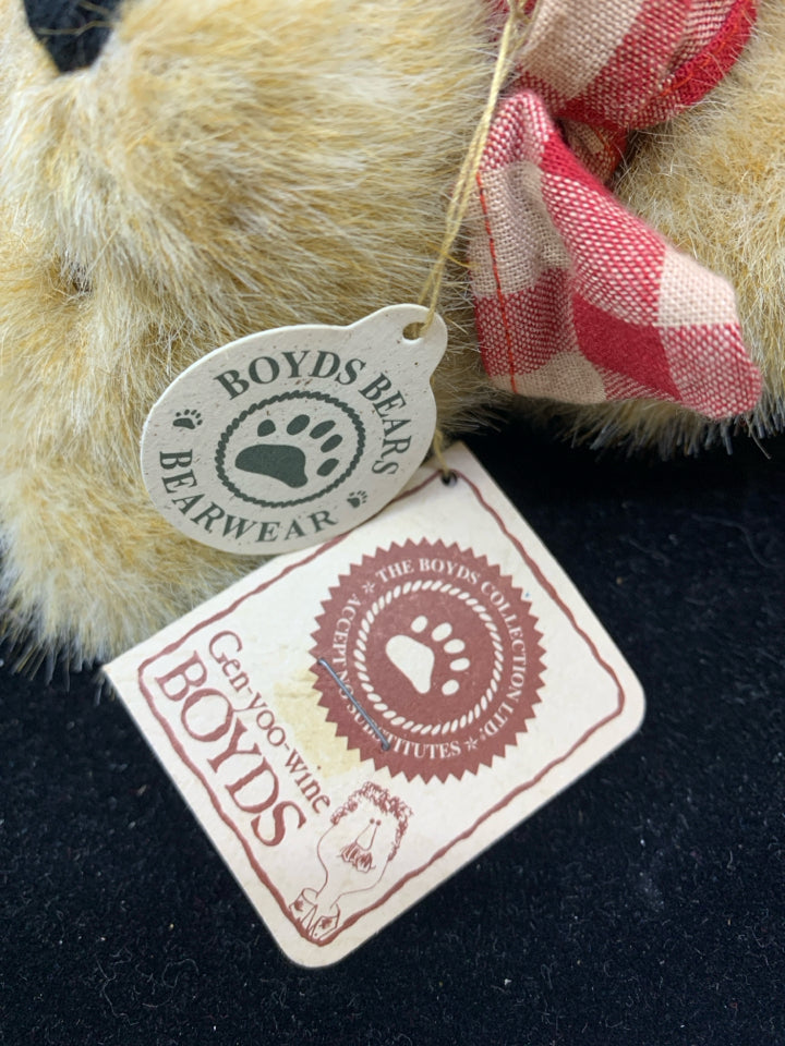 BOYDS BEAR TAN W RED PLAID SCARF.