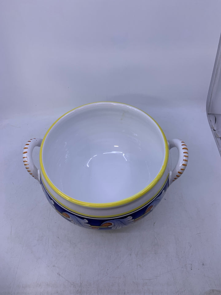 WHITE W/ COBALT BLUE BANDS ORANGE/ YELLOW LEAVES.