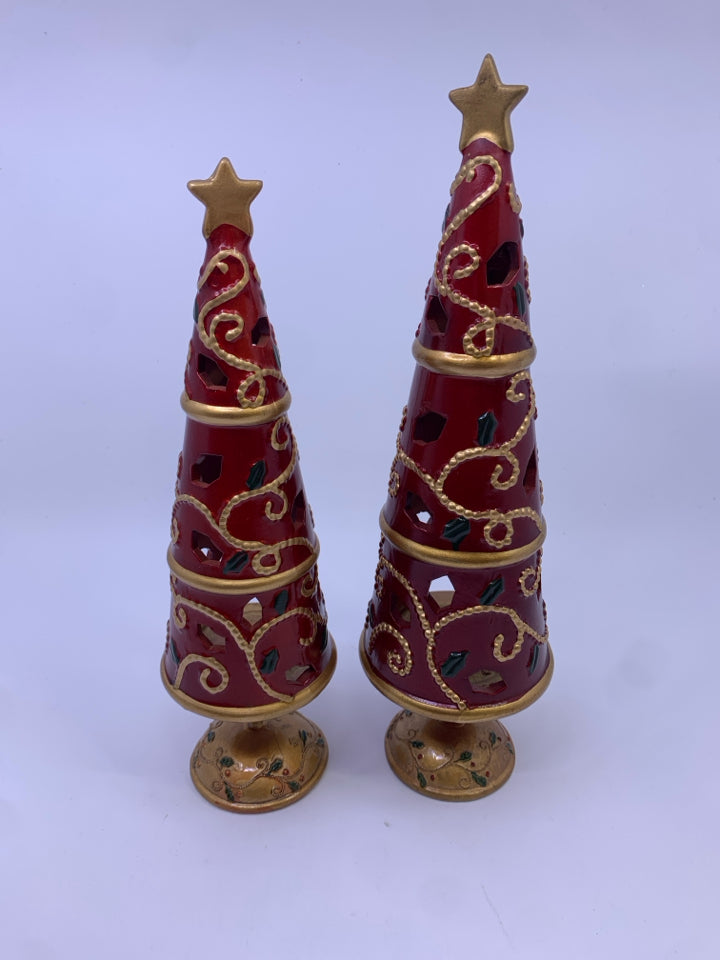 2 RED TEA LIGHT HOLDER CHRISTMAS TREES.