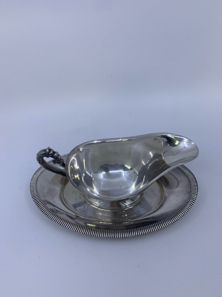 SILVER PLATED GRAVY BOAT W/ ATTACHED DRIP PLATE.