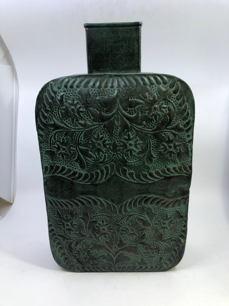 GREEN RUSTIC TIN VASE W/FLORAL DESIGN.