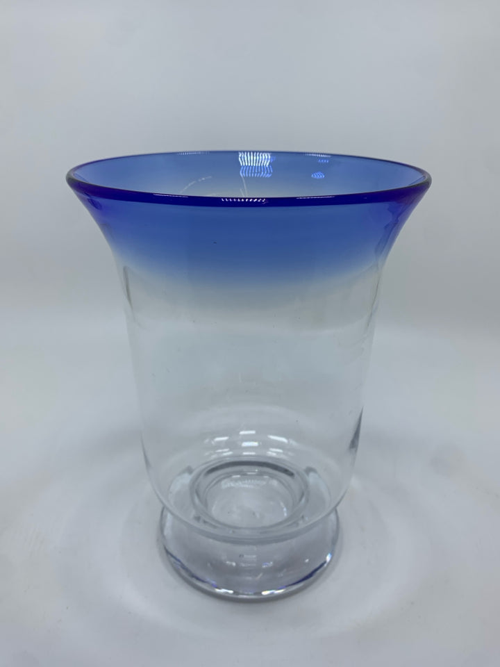 GLASS CANDLE HOLDER W/BLUE RIM.