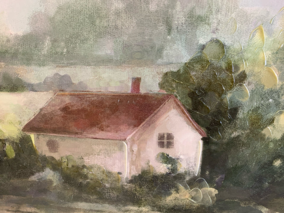 WHITE HOUSE/GARAGE W/ RED ROOF W/ TREES CANVAS.