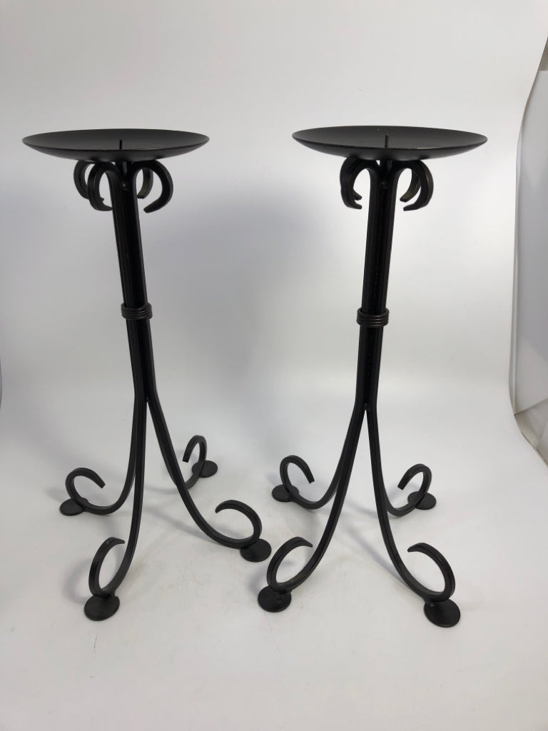 2 METAL SCROLL BASE PILLAR CANDLE HOLDERS.
