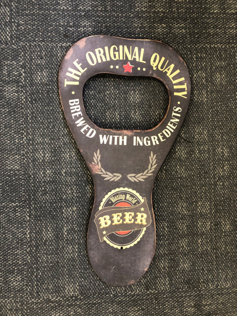 METAL BOTTLE OPENER SHAPED BLAZING WORLD BEER WALL ART.
