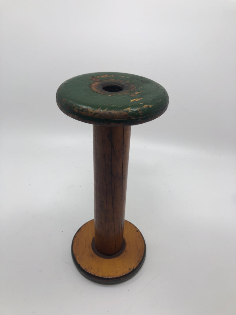 VTG GREEN WOODEN INDUSTRIAL YARN SPINDLE.