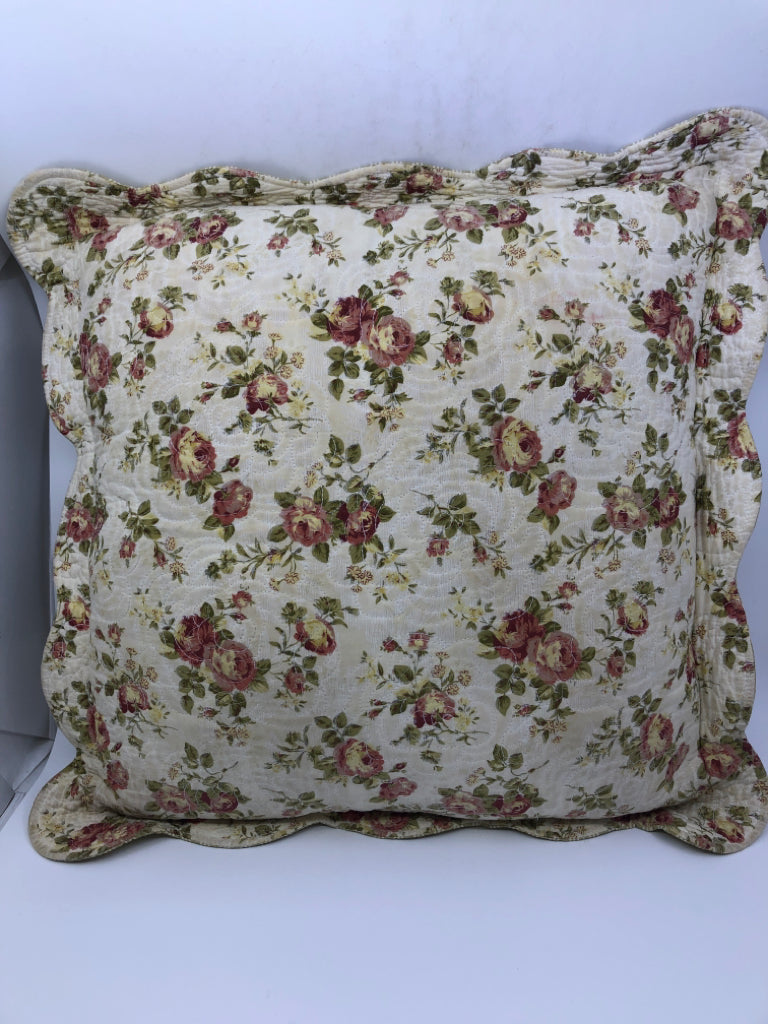 PINK ROSES W CREAM RUFFLED EDGE SQUARE PILLOW.