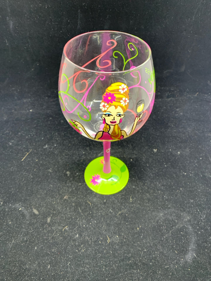 WINE GODDESS GREEN AND PINK PAINTED WINE GLASS.